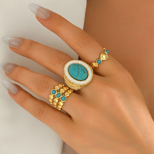 Anello aperto geometrico minimalista da donna in lega di zinco con finitura placcata e intarsio in turchese