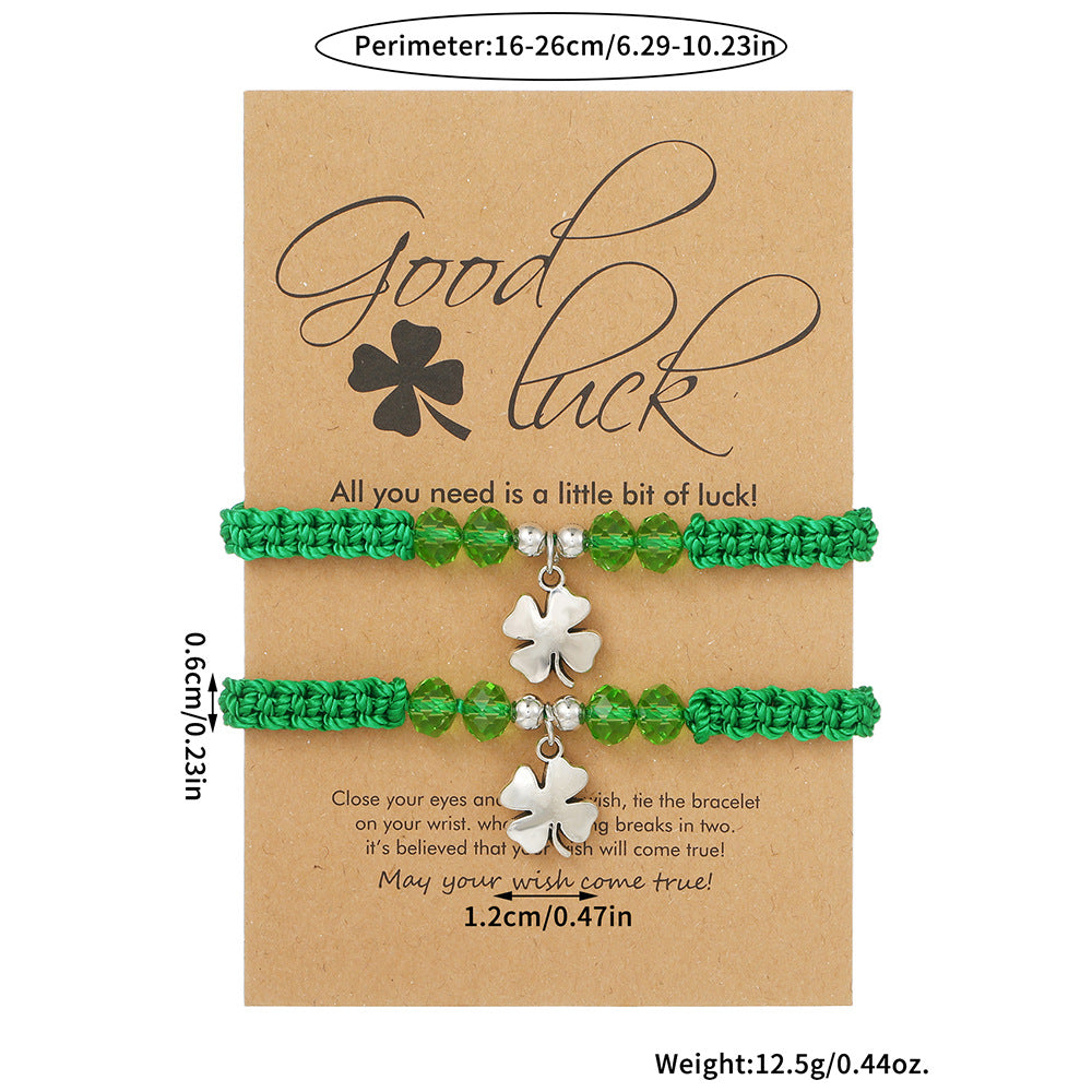 Green Four-Leaf Clover Stainless Steel Woven Bracelet for Women and Men