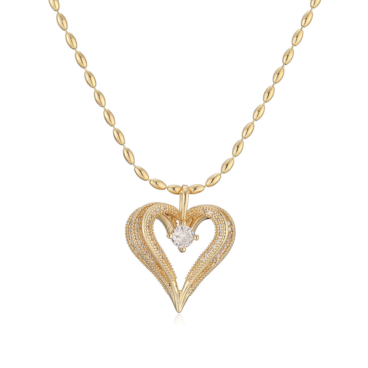 Elegant Hollow Heart Cubic Zirconia Gold Plated Brass Pendant Necklace for Women
