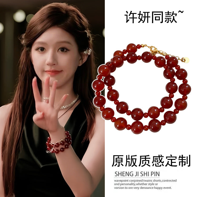 Sweet Sporty Red Beaded Rope Chain Necklace Titanium Steel Plated Adjustable Collarbone Chain for Women and Men