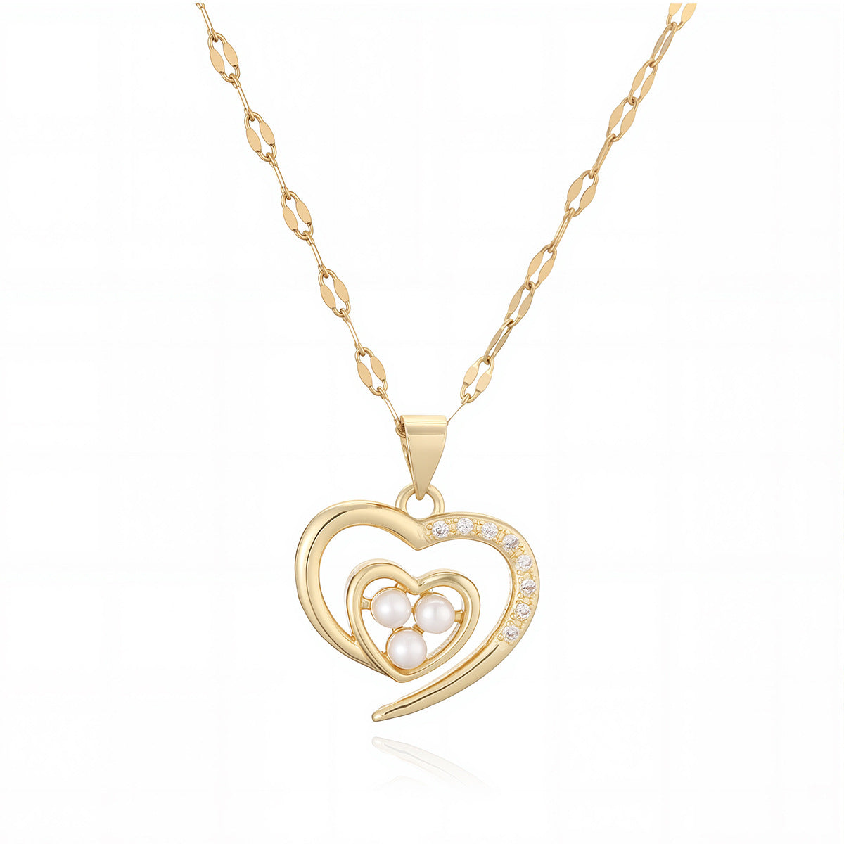 Elegant Minimalist 18K Gold Plated Brass Heart Necklace with Cubic Zirconia and Pearl Pendant for Women