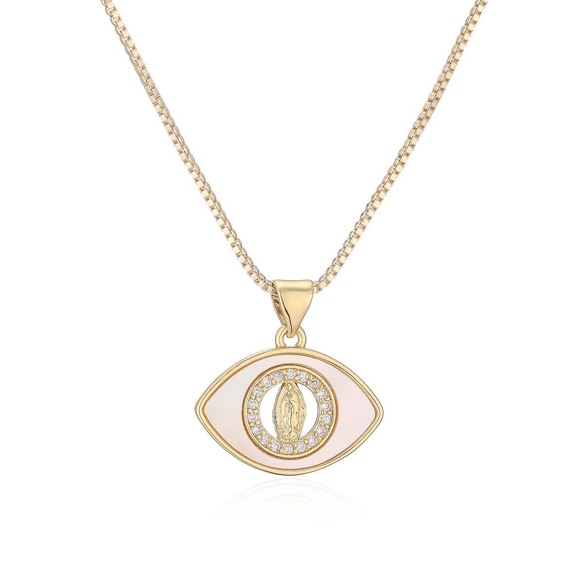 Vintage Minimalist 18K Gold Plated Brass Teardrop Virgin Mary Eye Pendant with Cubic Zirconia and White Mother of Pearl