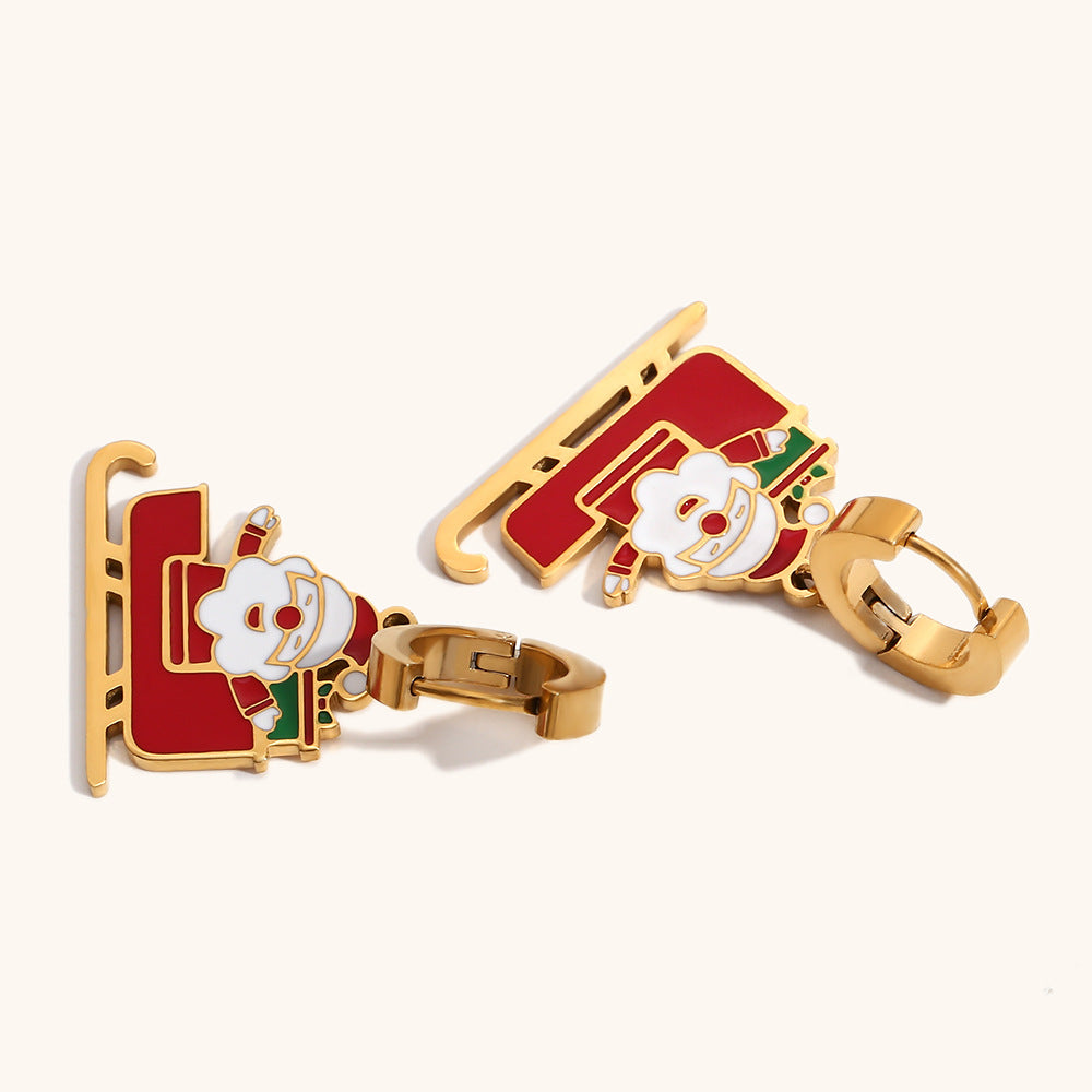 Orecchini di Babbo Natale da Cartone Animato per Donne, in Acciaio Inossidabile Placcato Oro 18K con Finitura Smaltata, Gioielli di Moda a Tema Festivo