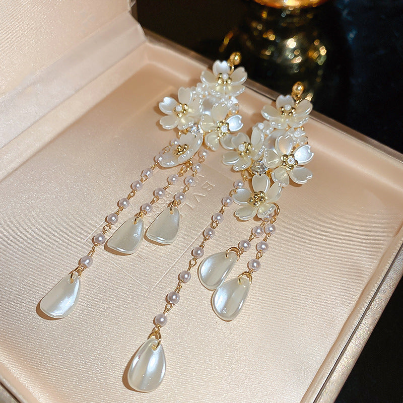 Eleganti Orecchini Pendenti Floreali con Perle e Strass in Argento 925, Stile Lusso Artigianale da Donna