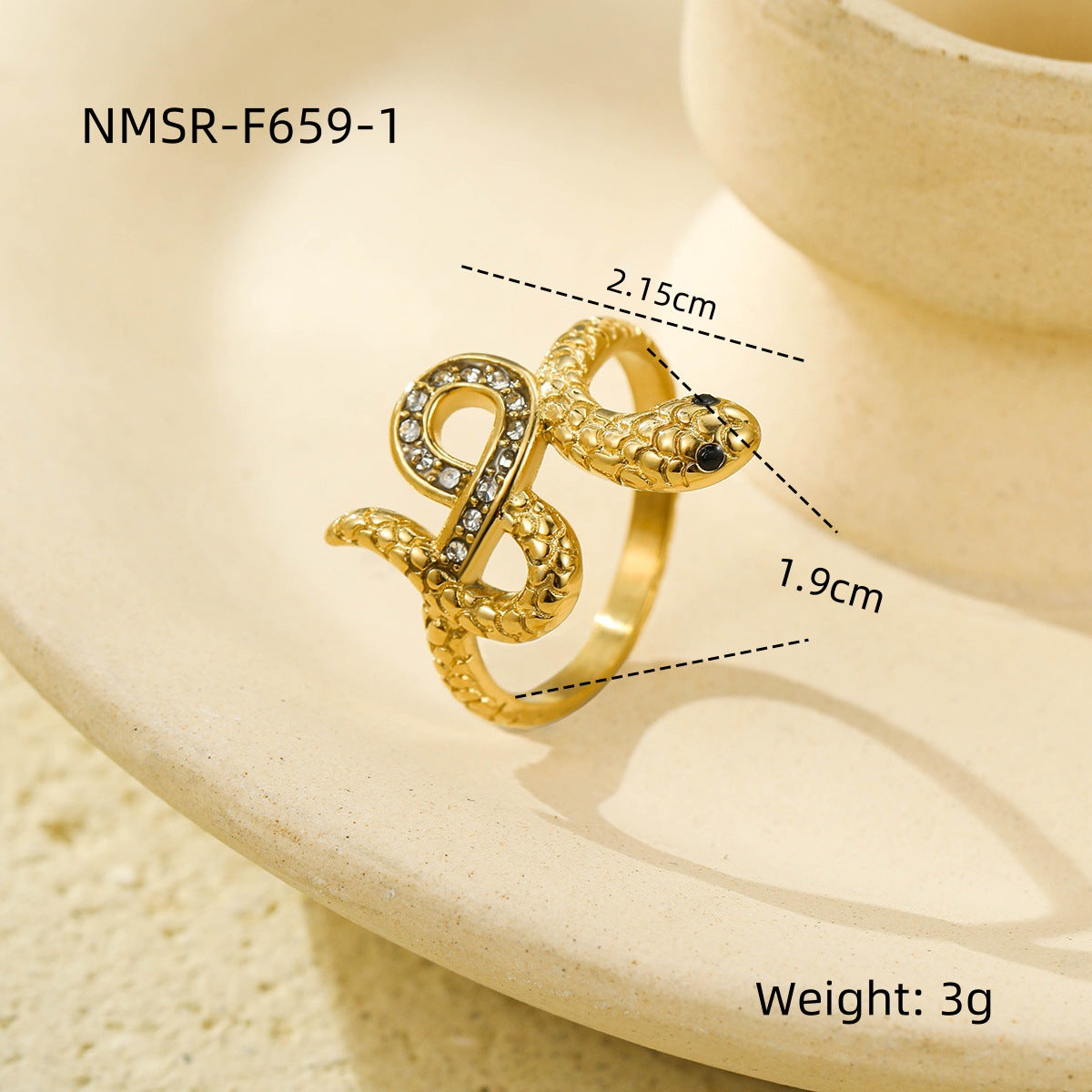 Anello alla moda in acciaio inossidabile a forma di serpente geometrico con dettagli in strass da donna, elettroplaccato per un'eleganza resistente allo sbiadimento