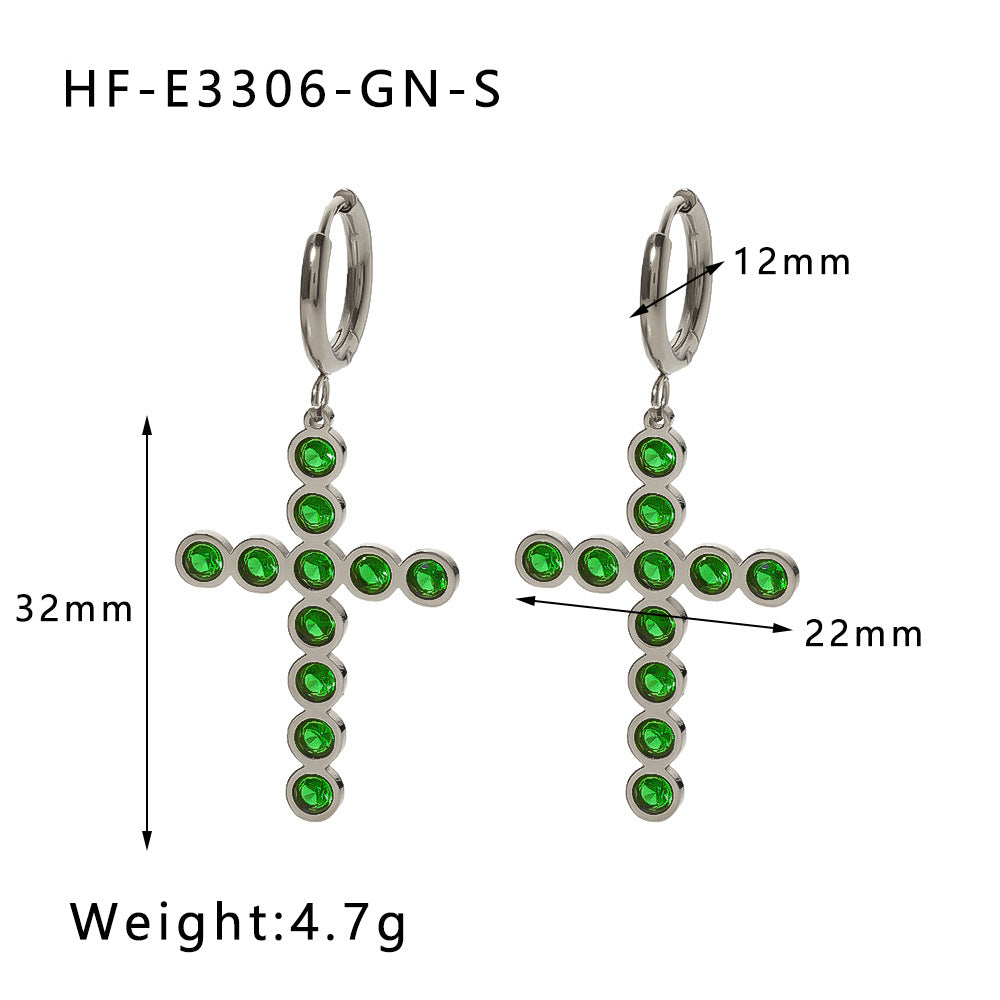 Ins Style Geometric Stainless Steel Cross Stud Earrings with Green Black Colorful or White Zircon Inlay Plated for Women