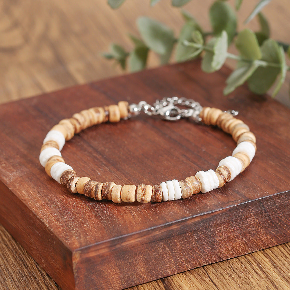 Bohemian Geometric Wood and Stainless Steel Beaded Bracelet for Men and Women