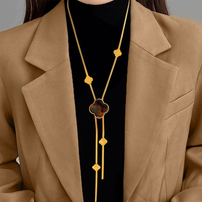 Geometric Floral Plated Titanium Steel Pendant Necklace with Tassel for Unisex
