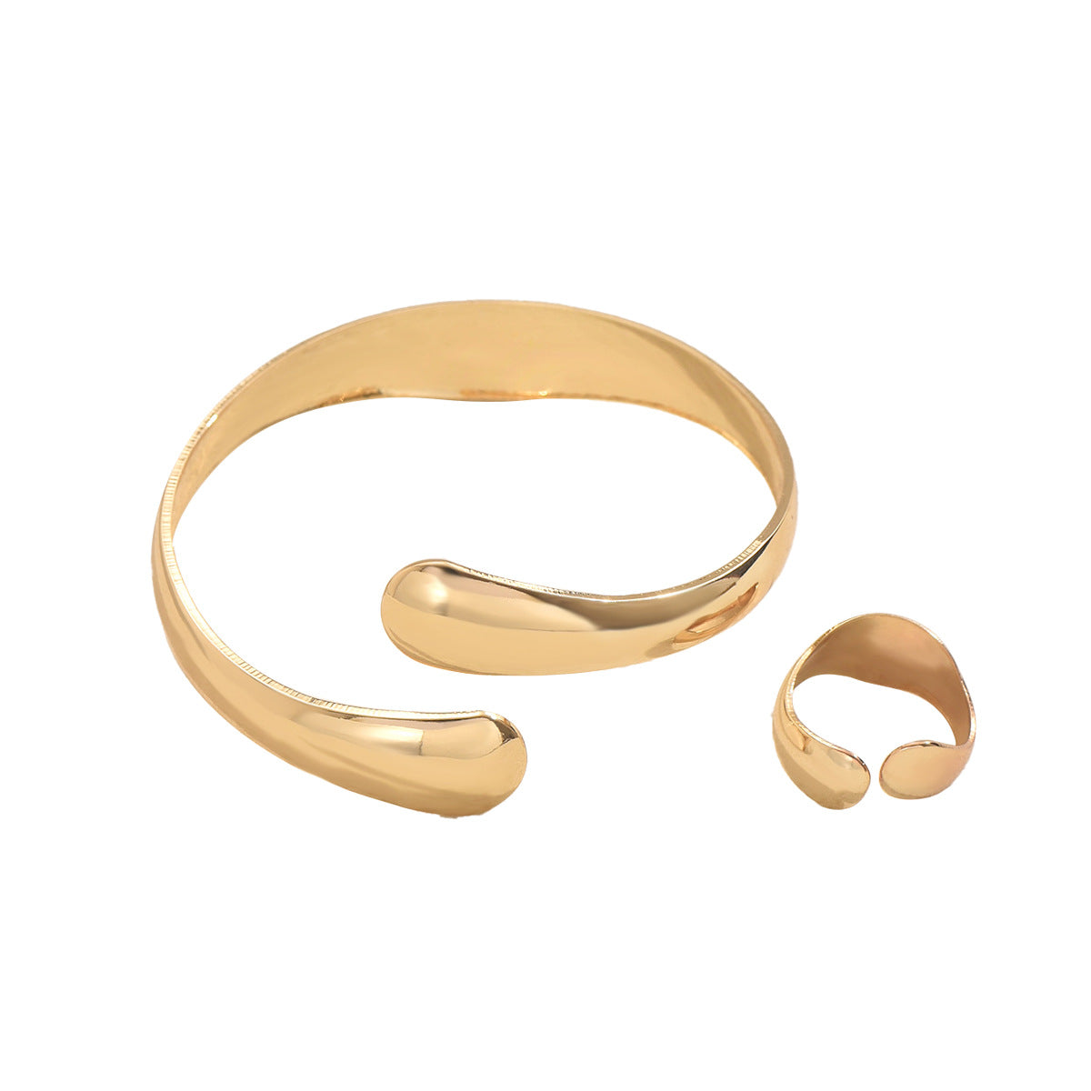 Set de pulsera y anillo minimalista de aleación pulida con diseño geométrico y brazalete abierto ajustable para mujer