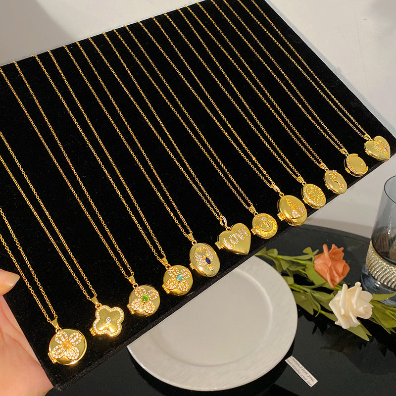 Vintage Micro-Paved Cubic Zirconia Crown Heart Star Geometric Brass Pendant Titanium Steel Box Chain Necklace for Unisex