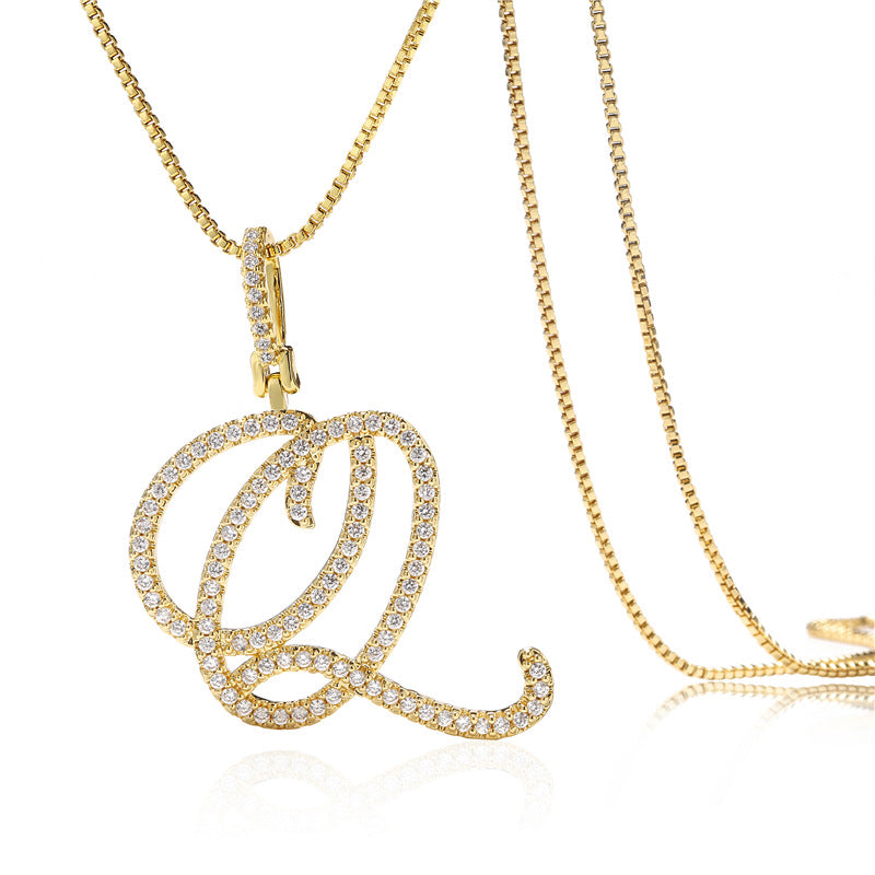 Minimalist Geometric Letter Pendant Necklace in Brass with Micro-Pavé Setting on Box Chain