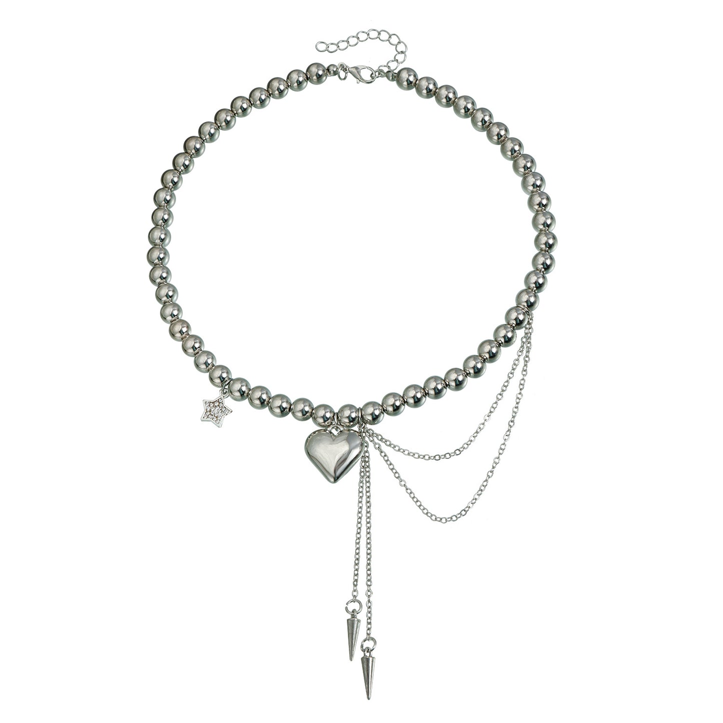 Collar con colgante de aleación con forma de corazón minimalista, borla y detalles de estrellas, cadena tipo relicario galvanizada para mujer