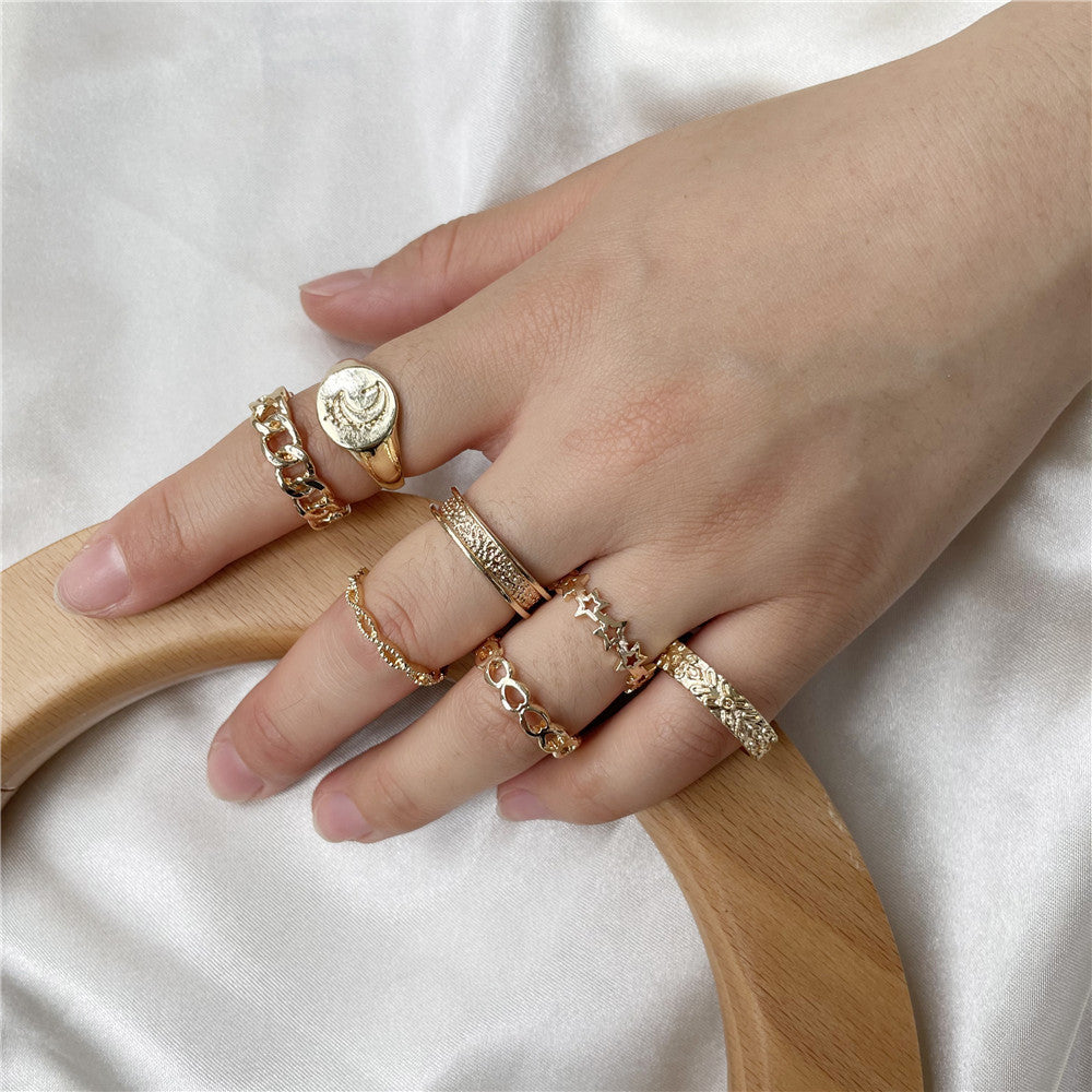 Minimalist Casual Geometric Star Moon Hollow Plated Alloy Ring Set for Women