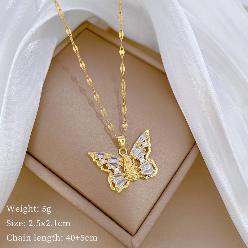 Collana con Ciondolo a Farfalla Minimalista da Donna e Uomo con Catena in Acciaio al Titanio e Intarsio in Zirconia Cubica