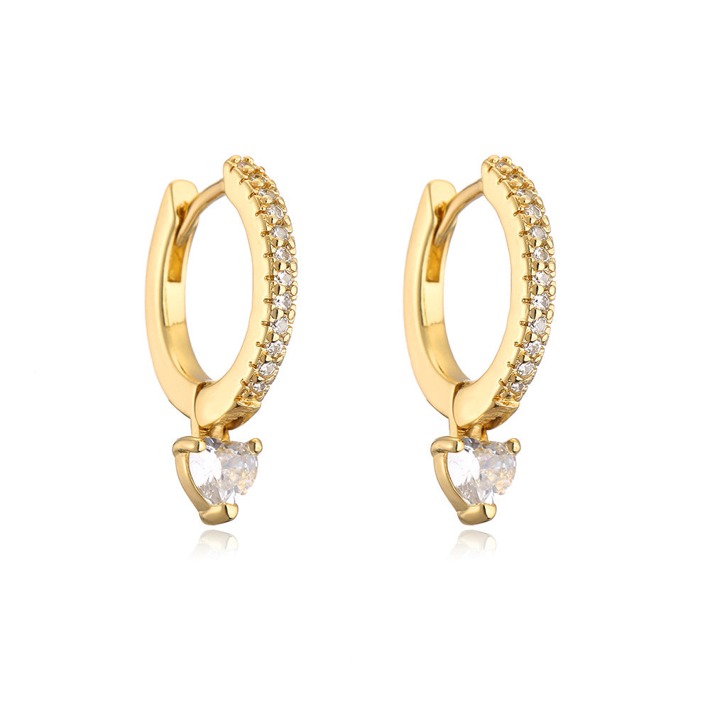 Geometric Heart-Shaped Copper Earrings with 18K Gold Plating and Zircon Inlay for Women