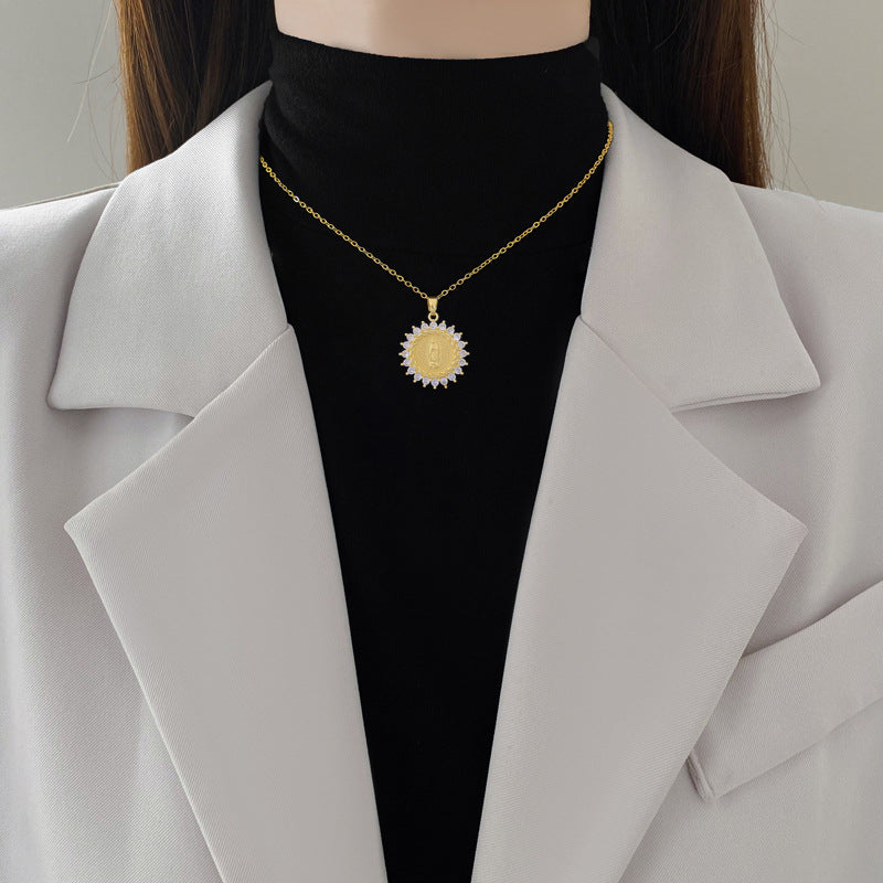 Sweet Round Geometric Rhinestone Inlay Titanium Steel Necklace with Brass Pendant for Unisex