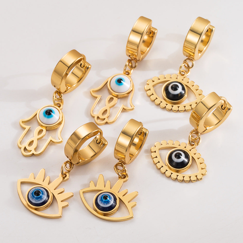 Pendientes de acero inoxidable geométricos dulces y atrevidos con forma de ojo de demonio para mujer con acabado chapado