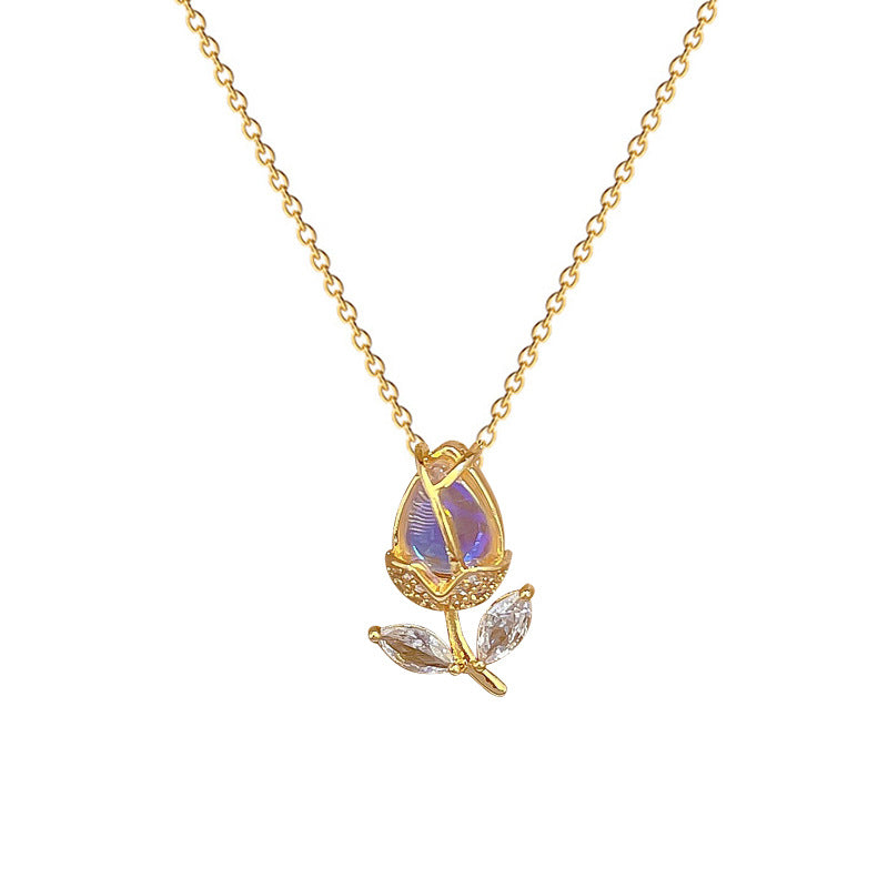 Luxury Floral Geometric Titanium Steel Necklace with Rhinestone Pendant for Unisex