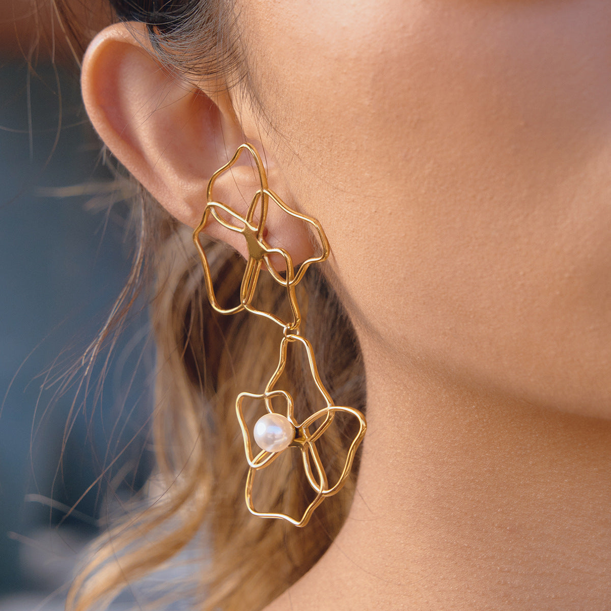 Elegant Geometric Floral Hollow Carved Stainless Steel Earrings for Women with PVD Finish