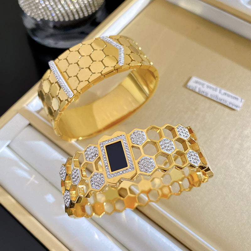 Geometric Honeycomb Plated Titanium Steel Bracelet with Rhinestone for Women