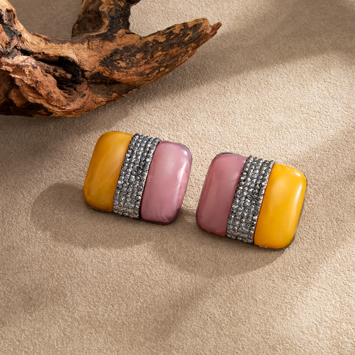 Exaggerated Geometric Square Rhinestone Gemstone Gradient Resin Plated Zinc Alloy Earrings for Women DIY Charm Bar