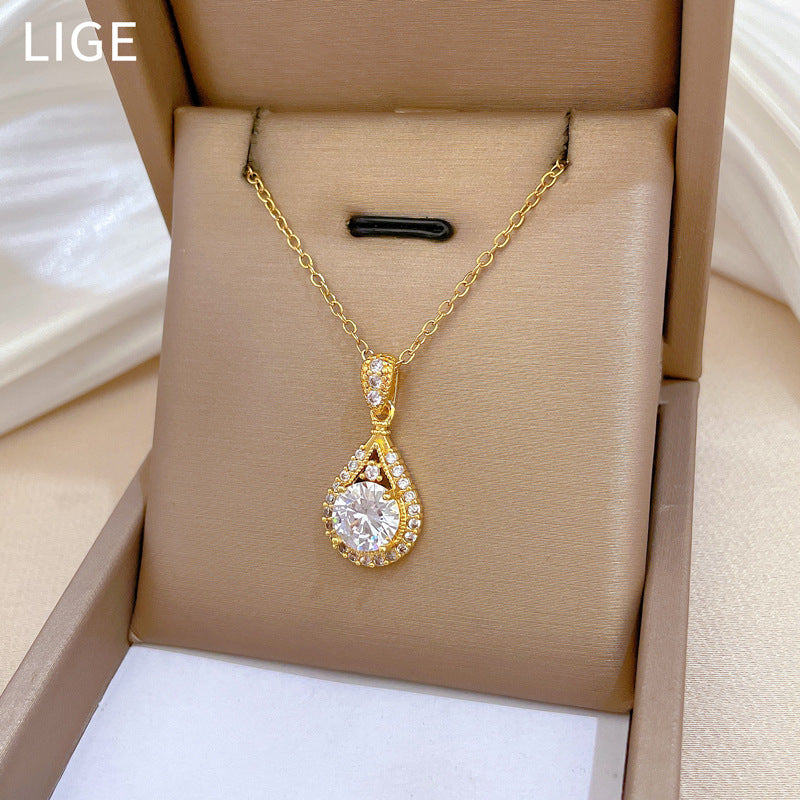 Minimalist Sweet Teardrop Geometric Gold Plated Rhinestone Inlay Titanium Steel Necklace for Women