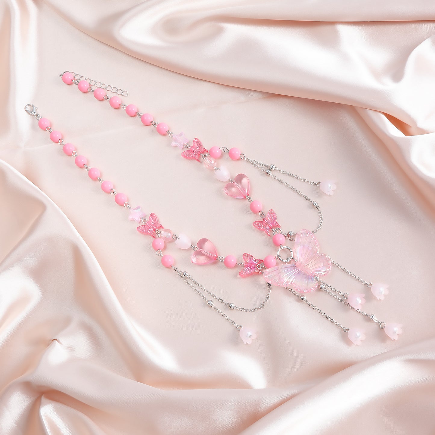 Y2K Style Heart and Butterfly Pendant Necklace with Imitation Pearls and Tassels on Resin Beaded Chain for Women