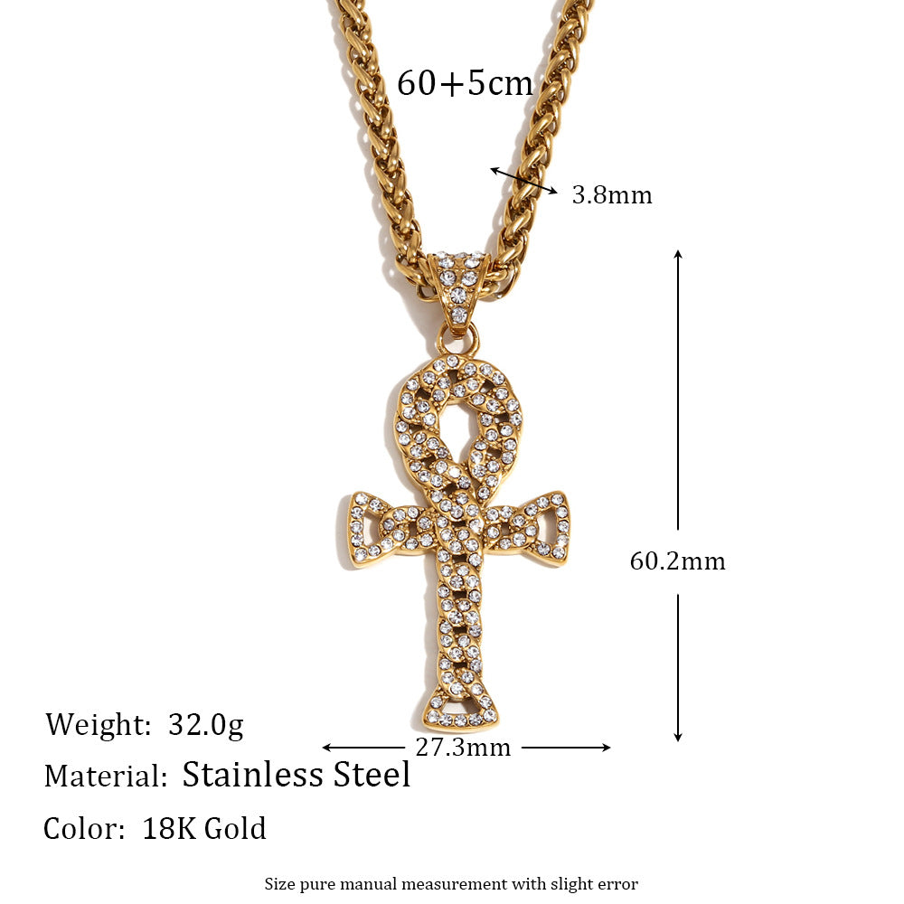 Collana con ciondolo a croce geometrica in stile retrò Hip-Hop da uomo, base in acciaio inossidabile con placcatura in oro 18 carati e intarsio completo di strass