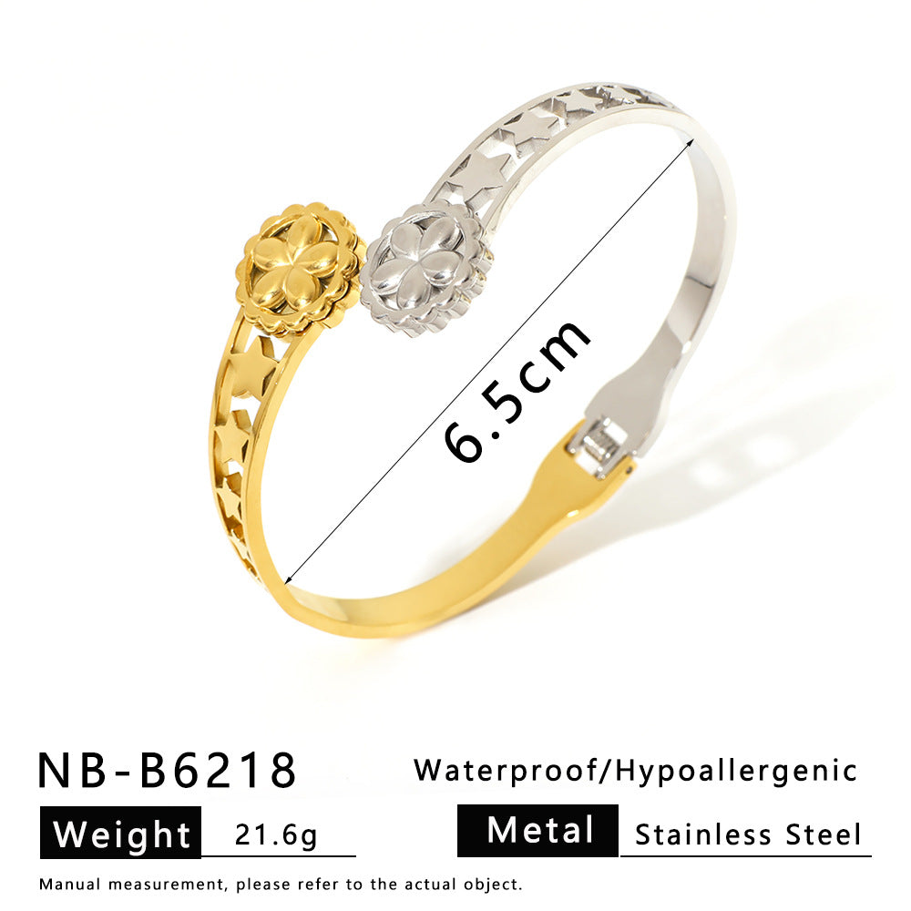 Minimalist Asymmetrical Stainless Steel Bracelet with Gold Plating Featuring Floral and Star Motifs and Linear Design