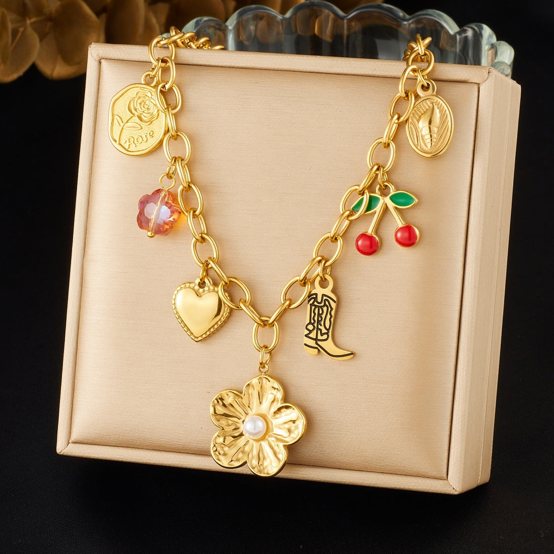 Sweet Gold Plated Drip Oil Cherry Flower Pearl Stainless Steel Necklace for Women