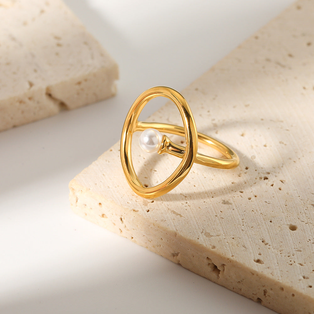 Anello da donna con perle, motivo geometrico, ispirazione vintage, in acciaio inossidabile placcato oro 18 carati