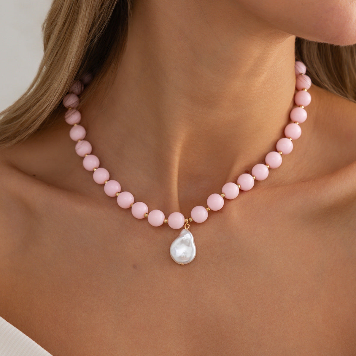 Vintage Geometric Acrylic Beaded Necklace with Baroque Pearl Pendant for Women