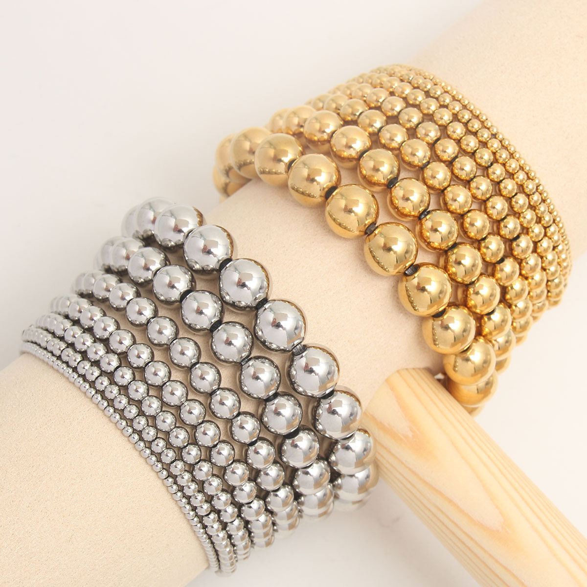 Gold Plated Stainless Steel Ball Chain Bracelet Unisex Elastic Beaded Hand String