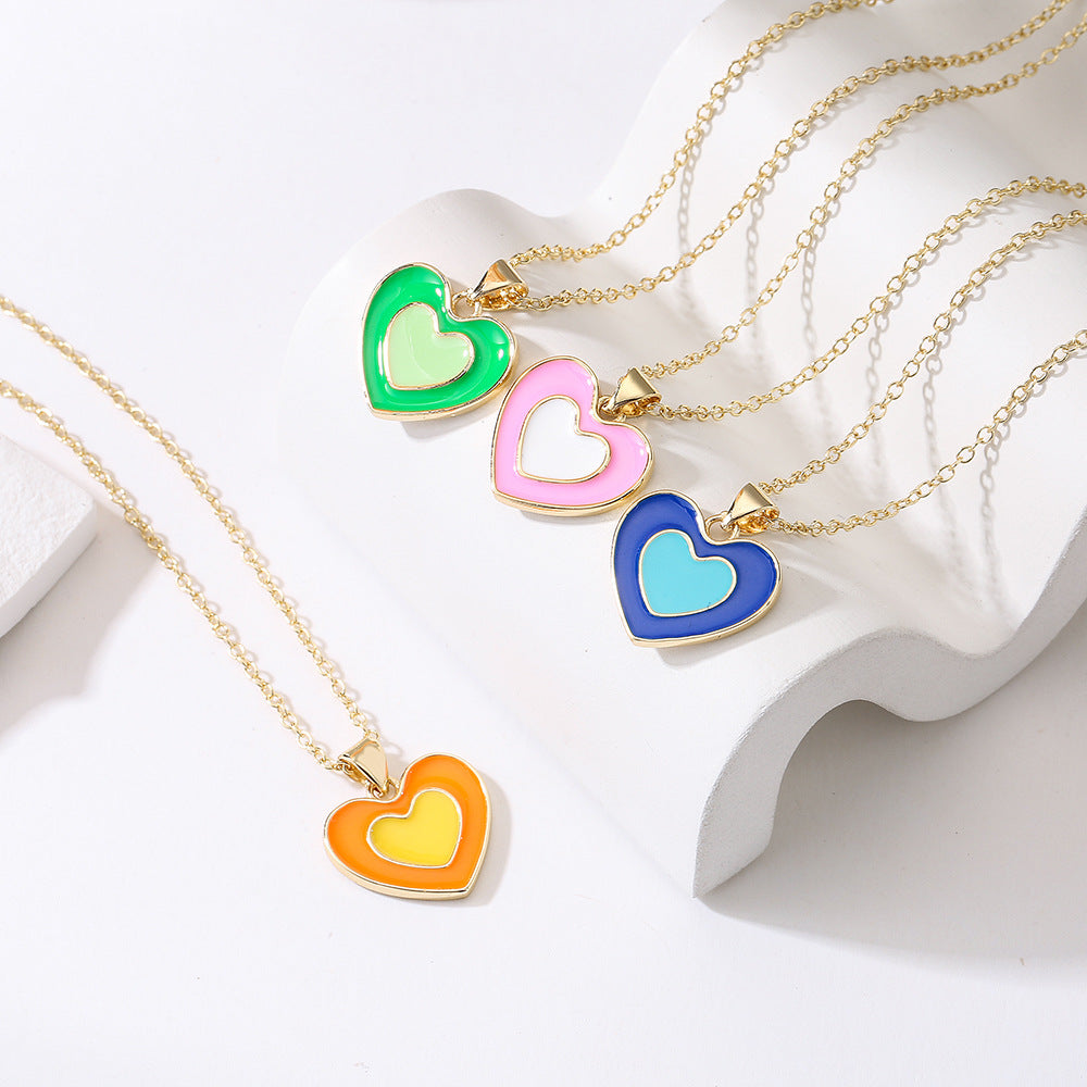 Minimalist Clavicle Necklace with Enamel-Coated Heart Pendant in Copper Base with 18K Gold Plating