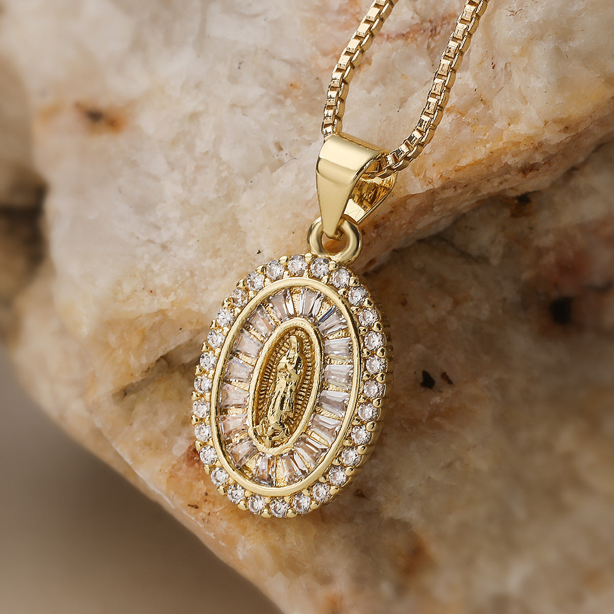 Minimalist Gold Plated Brass Geometric Virgin Mary Cubic Zirconia Pendant Necklace for Women