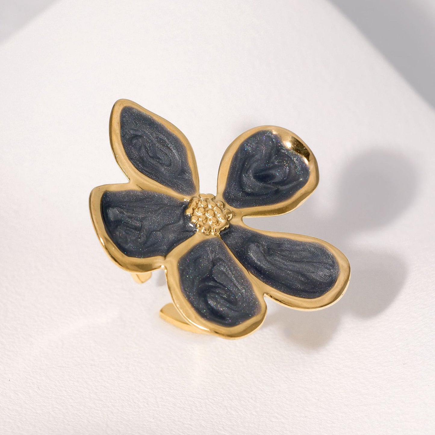 Vintage French-Style Stainless Steel Ring with Enamel Five-Petal Floral Design for Women, Minimalist Adjustable Open Band