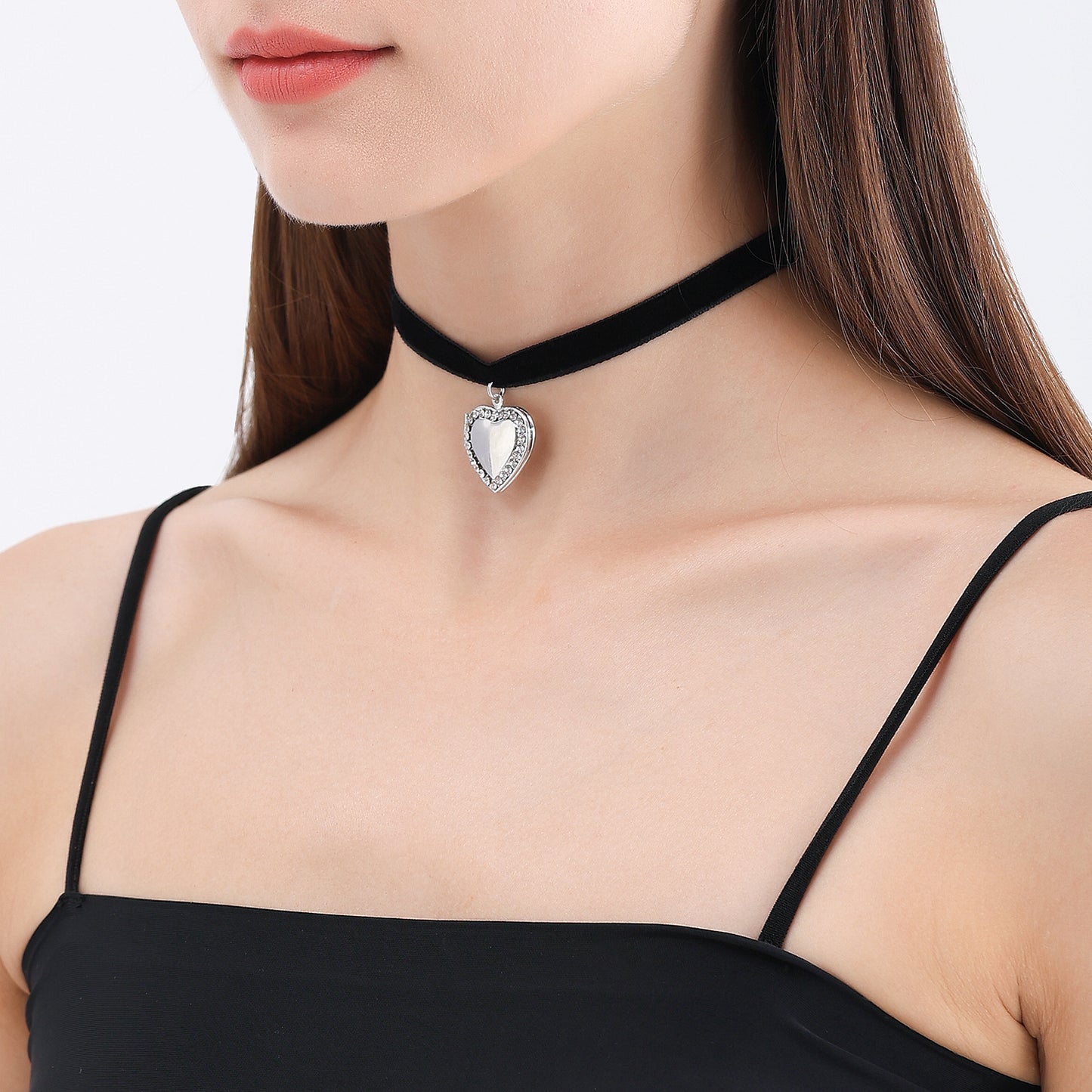 Minimalist Black Satin Ribbon Heart Pendant Necklace for Women with Rhinestone Inlay and Gold Plated Alloy