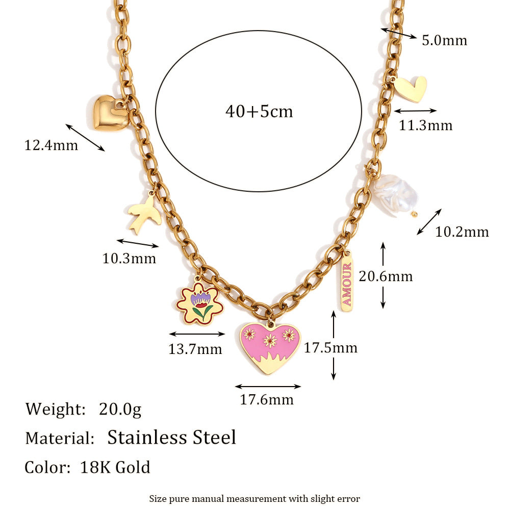 Collana da donna alla moda con ciondolo a cuore in smalto, in acciaio inossidabile placcato oro 18 carati