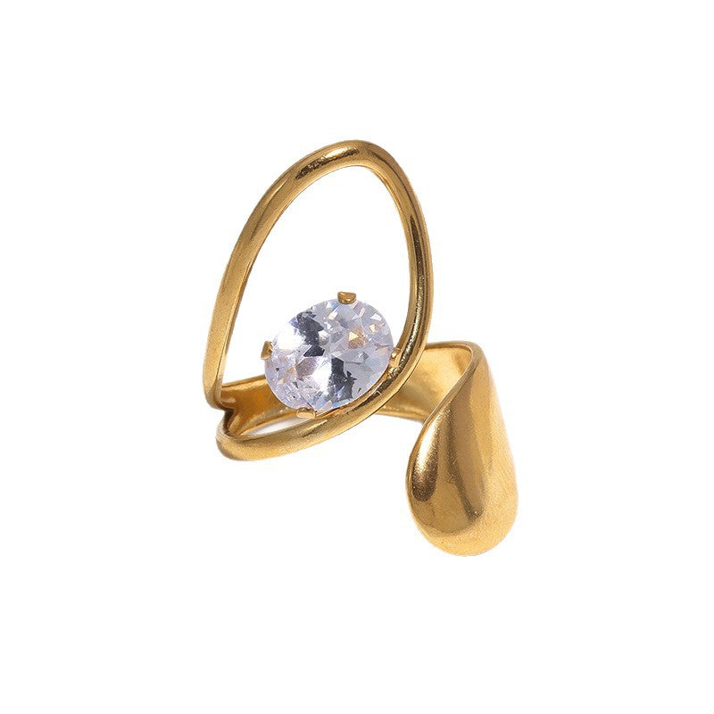 Minimalist Geometric Stainless Steel Gold Plated Ring with Cubic Zirconia for Women