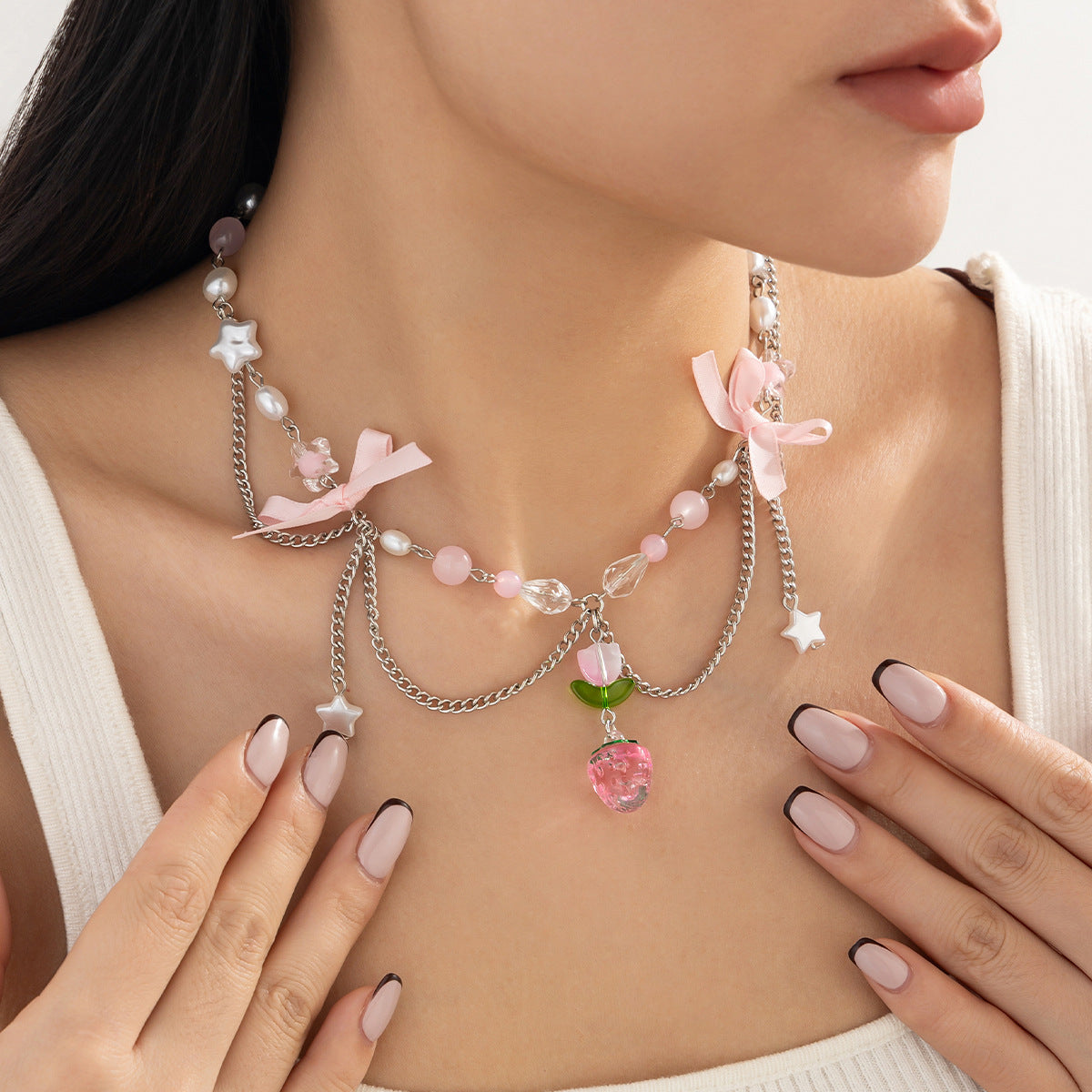 Ins Style Strawberry Pendant Necklace with Pearl-Look Beads, Heart and Star Charms, Tassel Accents, Plated Alloy, Handmade Chain for Women