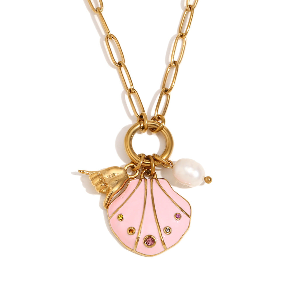 Collana con ciondolo in acciaio inossidabile geometrico minimalista alla moda con placcatura in oro 18 carati, dettagli in strass colorati, motivo a conchiglia e design a gesto della mano
