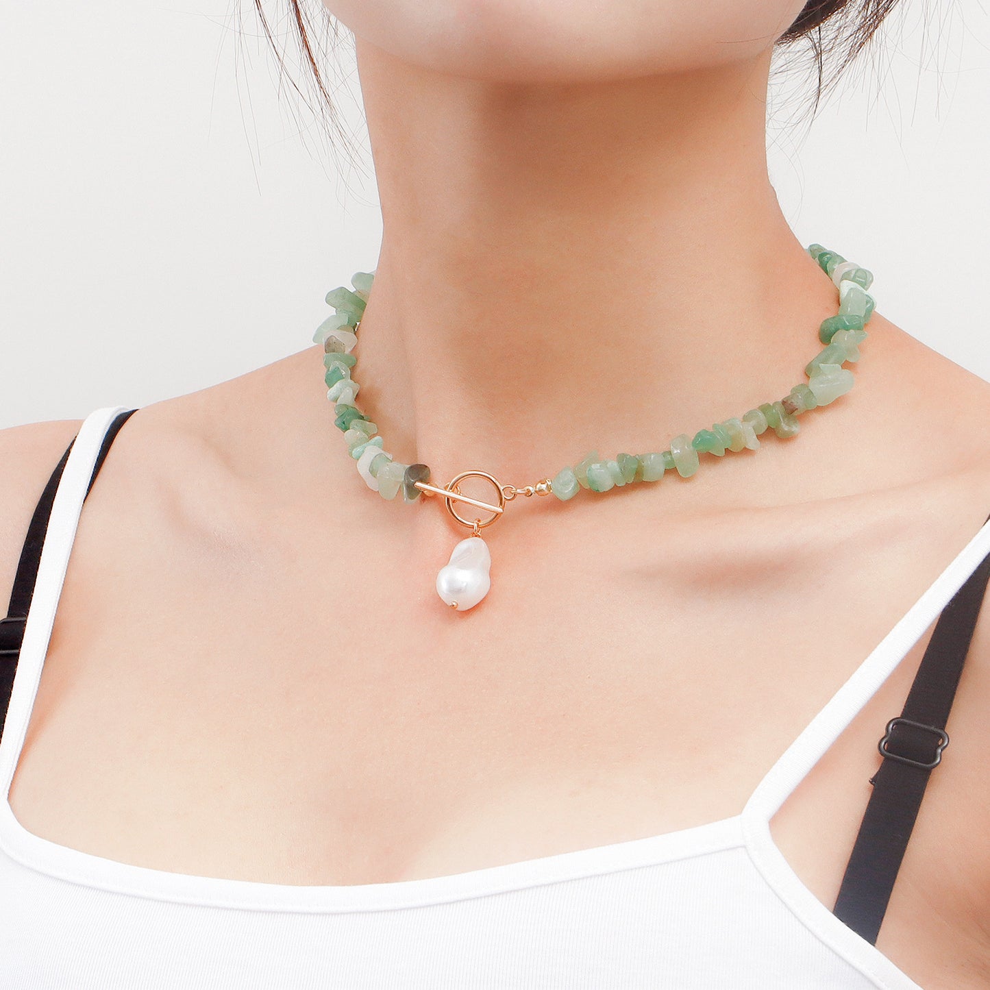 Minimalist Geometric Alloy Necklace with Pearl Accents and Turquoise Green Pendant for Women