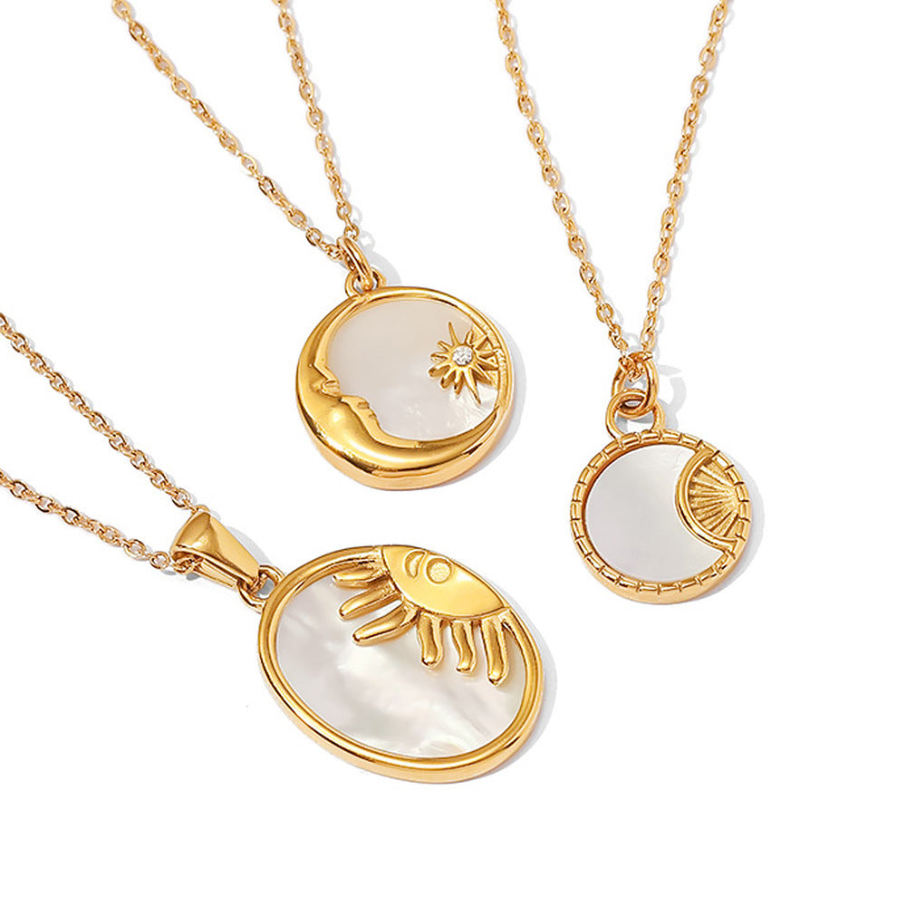 Collana con ciondolo ovale sole e luna in stile retrò francese in acciaio inossidabile placcato oro 18K per donna