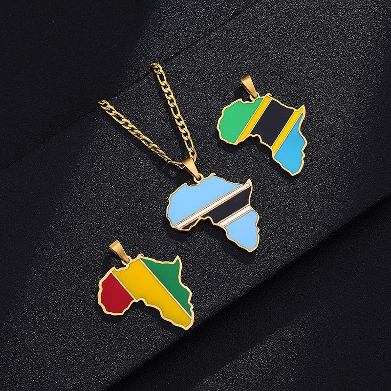 Collar con colgante de mapa de país africano geométrico de acero inoxidable con acabado esmaltado para uso unisex