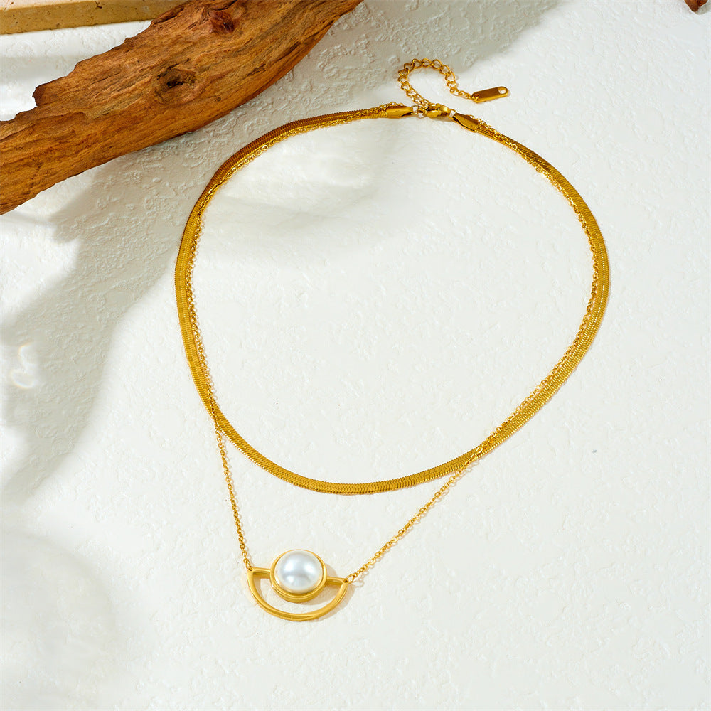 Elegant Gold Plated Stainless Steel Fan Shape Pearl Inlay Blade Chain Necklace