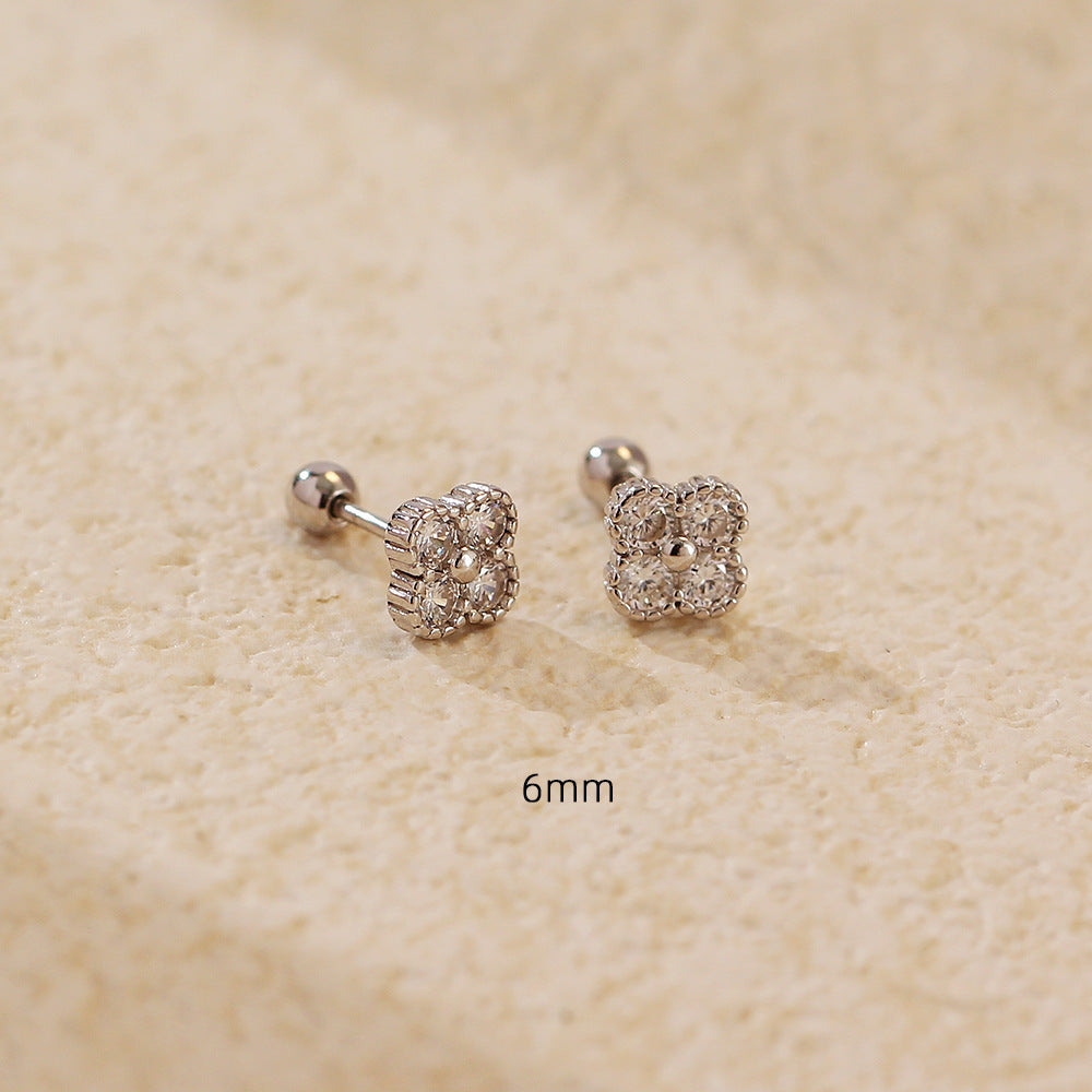 Vintage Clover-Shaped S925 Sterling Silver Stud Earrings with Rhinestone Inlay for Women