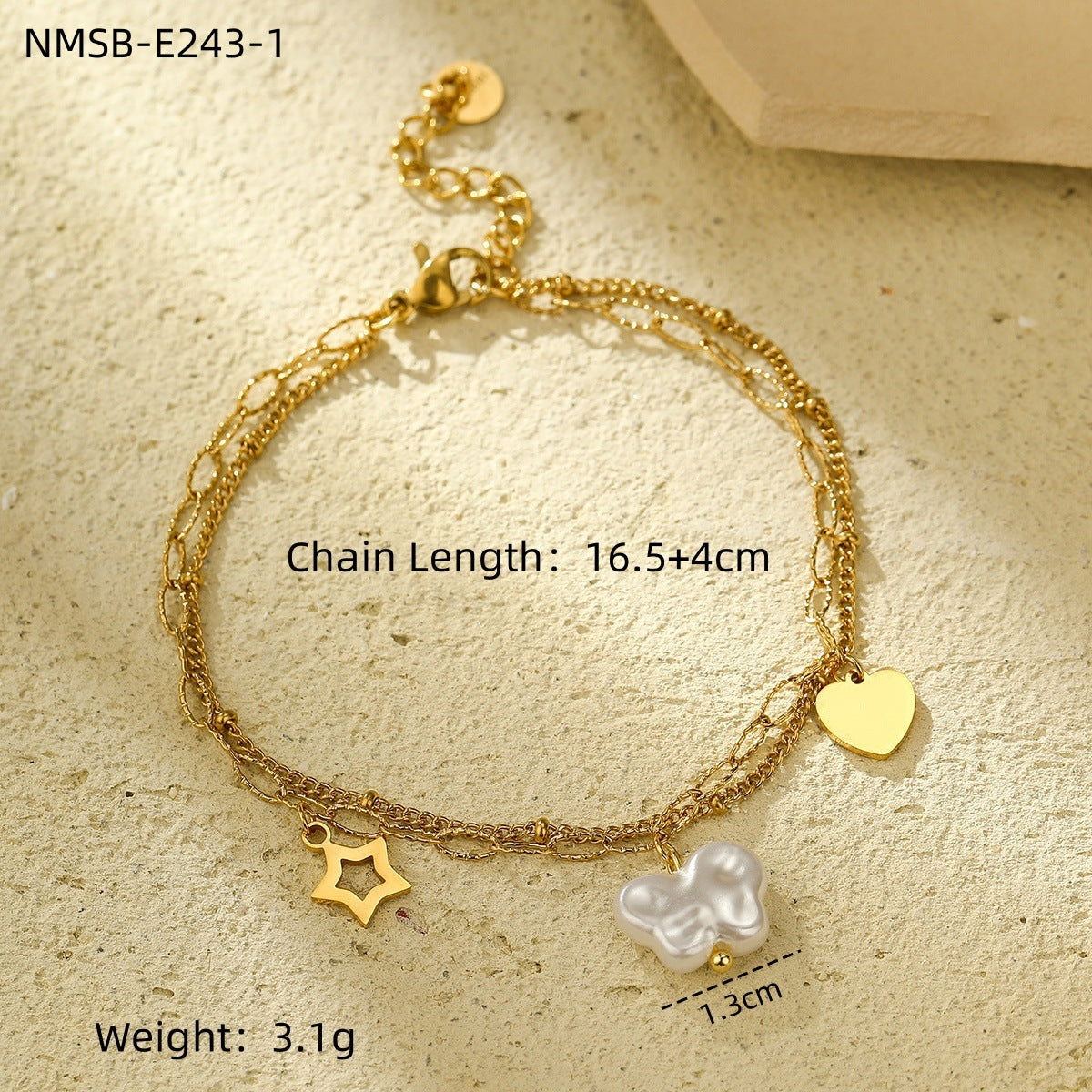 Pulsera de girasol y corazón de moda para mujer con acero inoxidable bañado en oro de 18K y cuentas de perlas