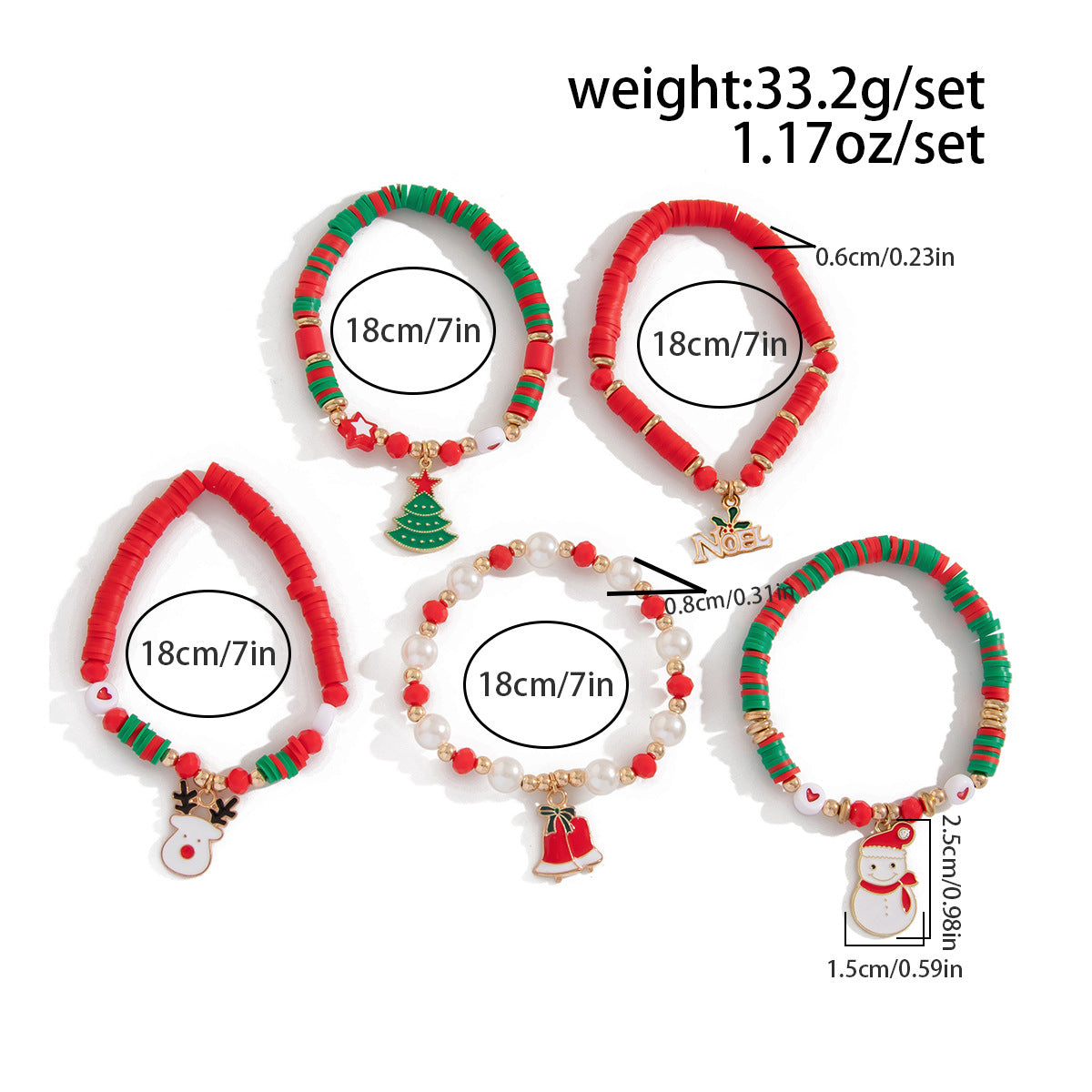 Cute Christmas Reindeer Polymer Clay Bracelet Set with Geometric Charms and Elastic Band for Women