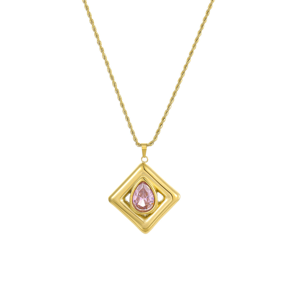 Elegant Emerald Green Zirconia Inlaid Square Pendant Necklace for Women Stainless Steel Locket Chain with Geometric and Teardrop Accents