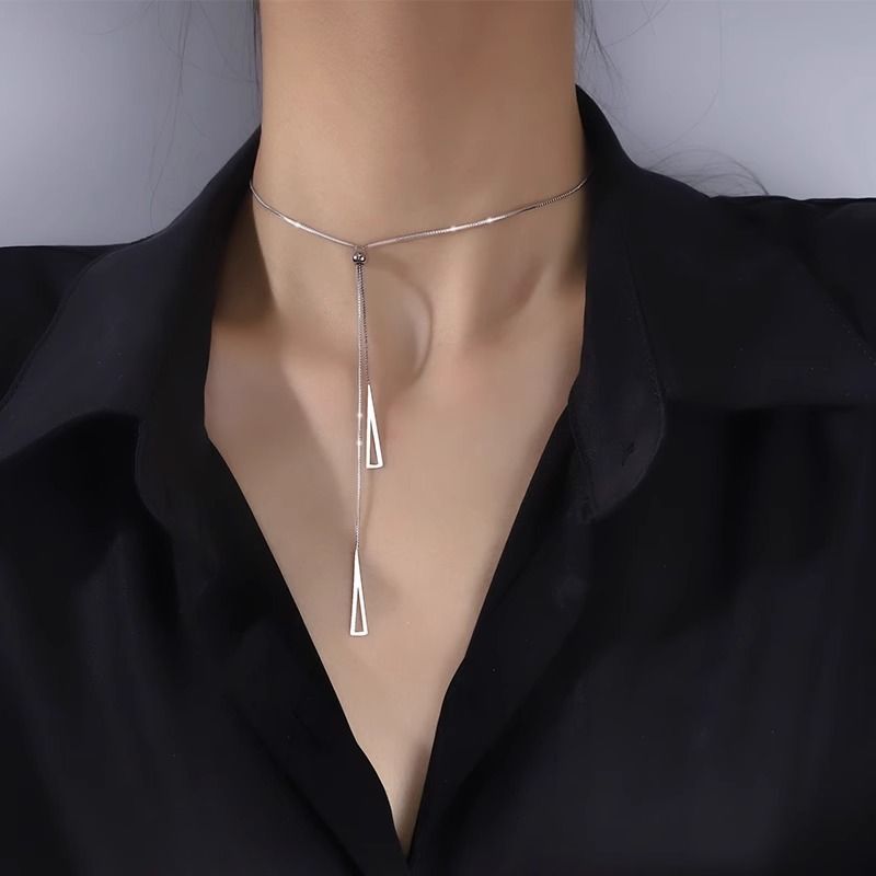 Geometric Triangle Pendant Titanium Steel Plated Long Sweater Chain with Tassel Detail for Women